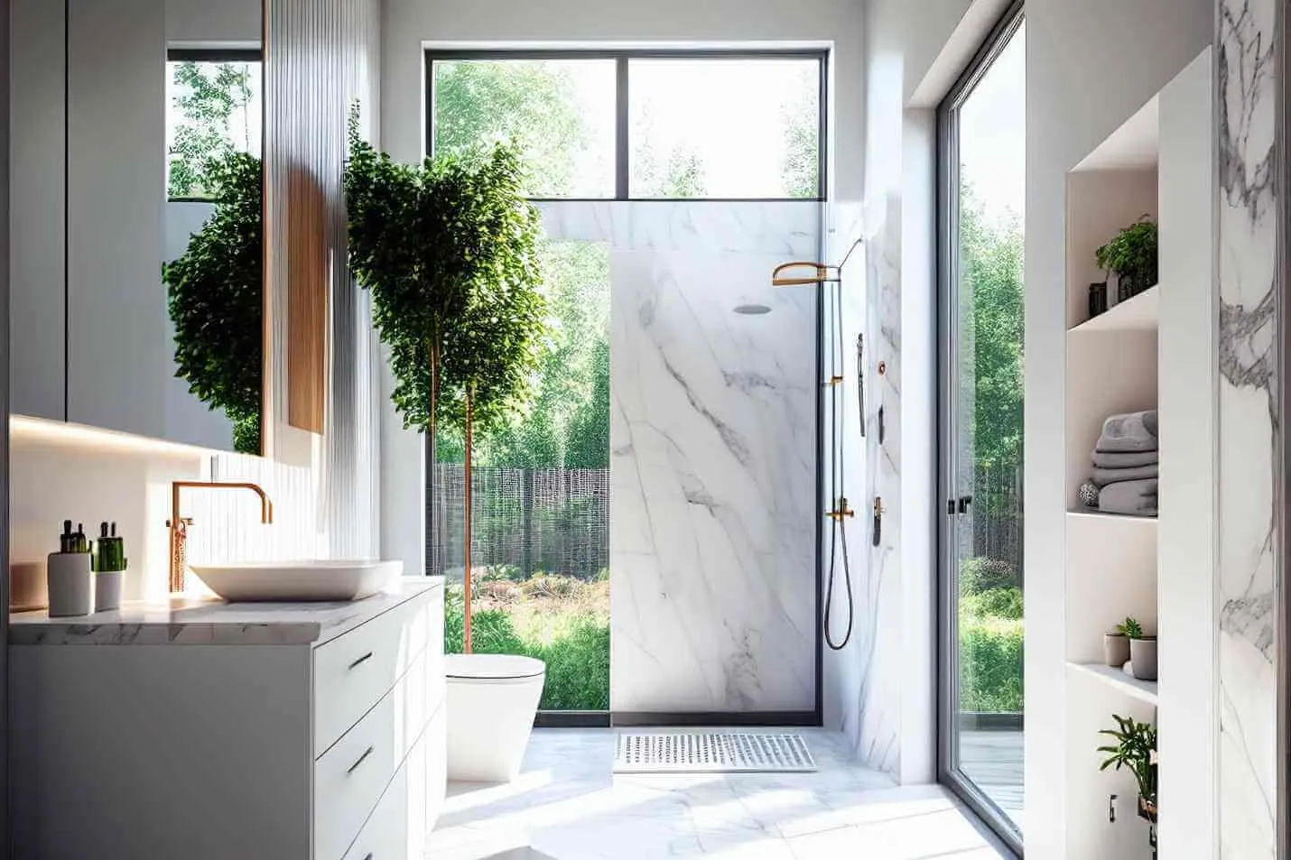 Bright bathroom with a wall-hung toilet and a glass shower