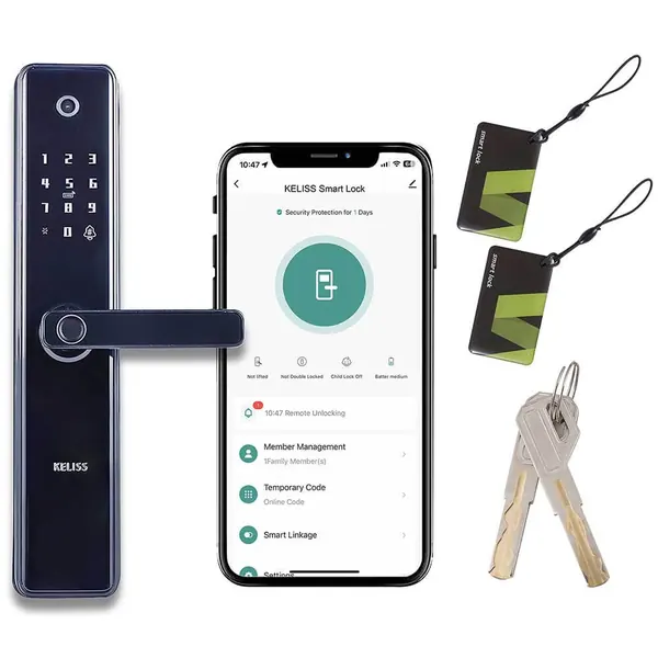 Keliss Astra AT010 lock with smartphone, cards and keys