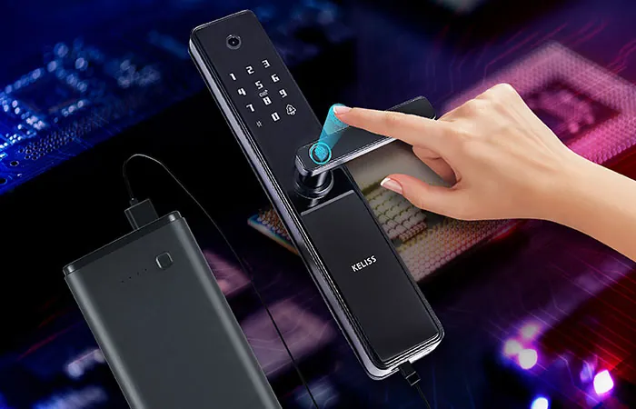 Power bank connected to a smart lock while a finger touches the fingerprint reader