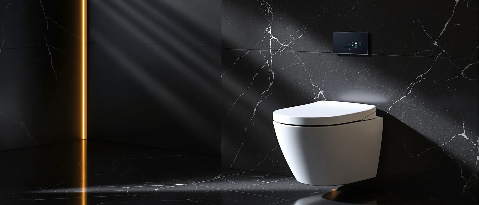 Wall-hung Keliss smart toilet on a black marble wall