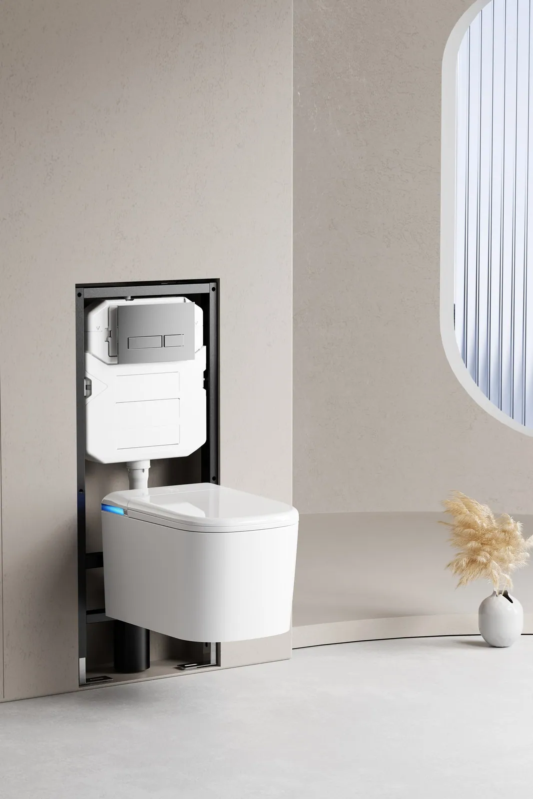 Wall-hung smart toilet with the concealed frame visible in the wall