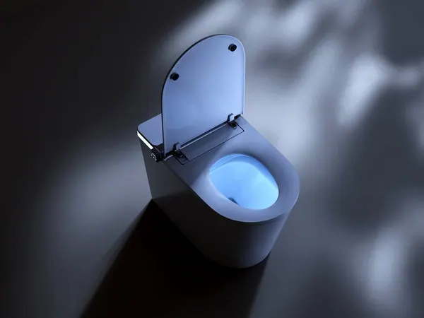 Smart toilet with a blue night light on in the dark