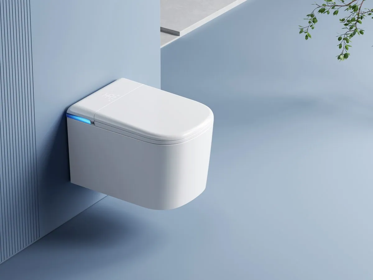 Keliss wall-hung smart toilet on a light blue wall